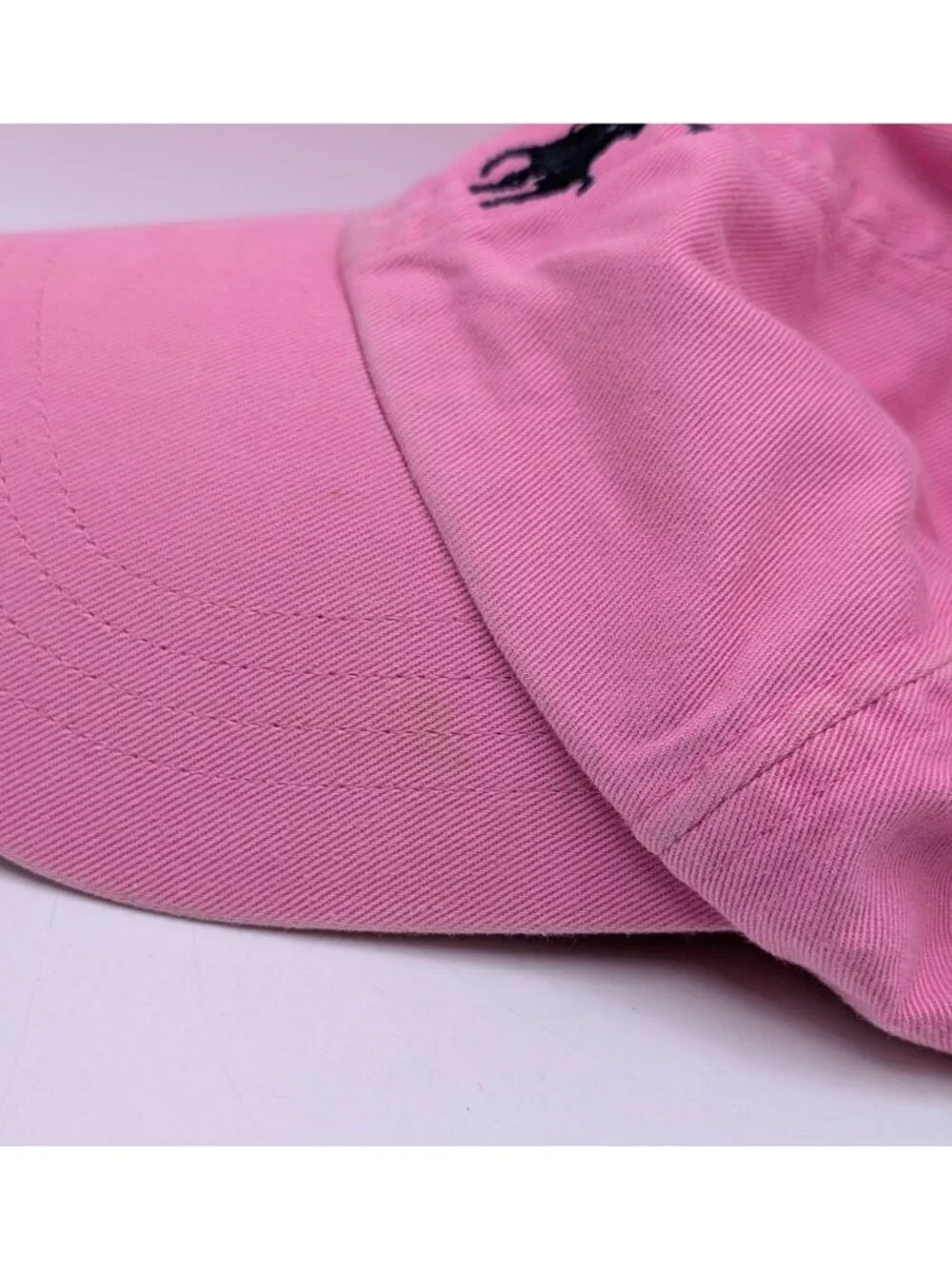 POLO Ralph Lauren VTG Pink Chino Ball Cap Hat Leather Strap Adjustable Blue Pony